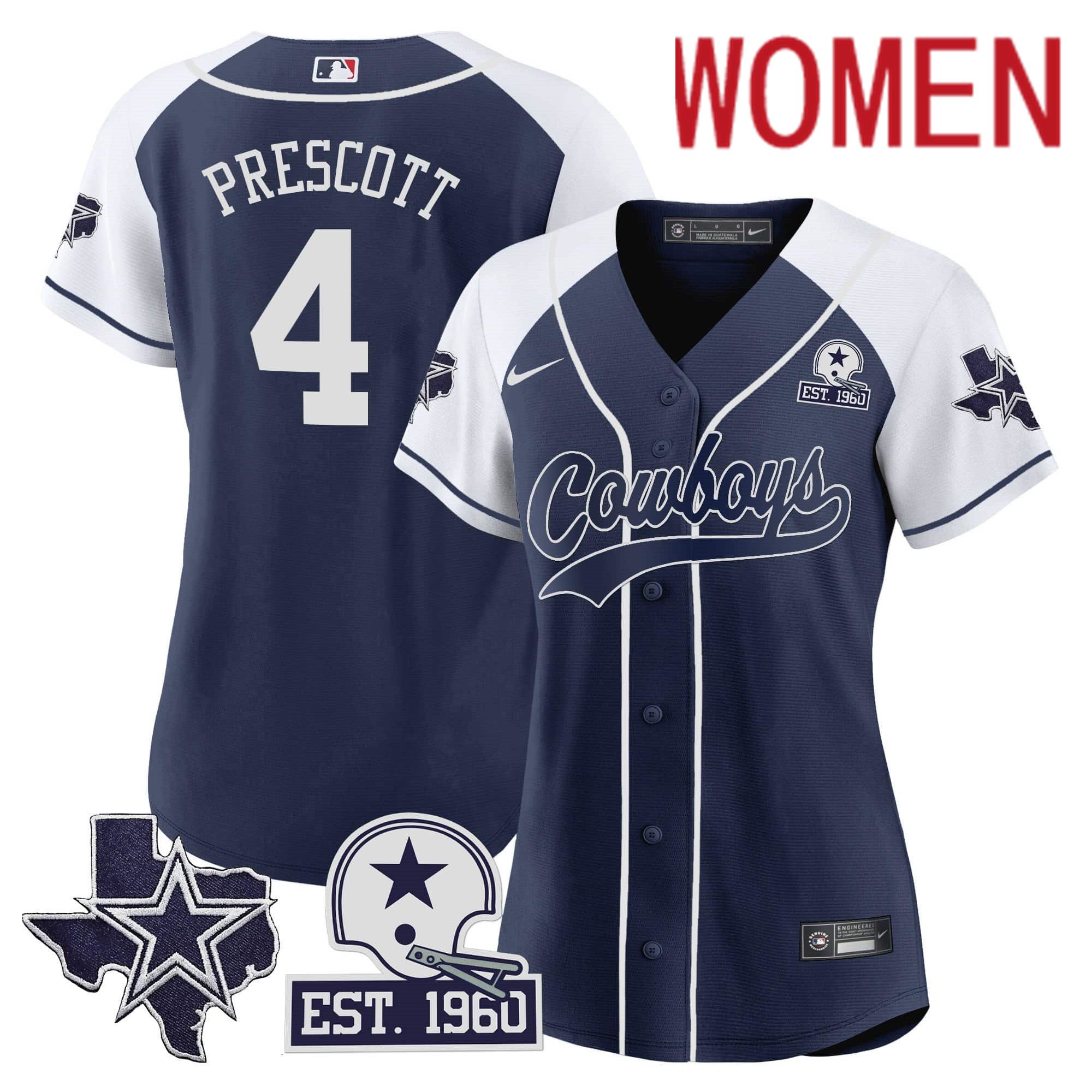 Women Dallas Cowboys 4 Prescott Dark blue 2024 Nike Patch Baseball NFL Jersey style 1